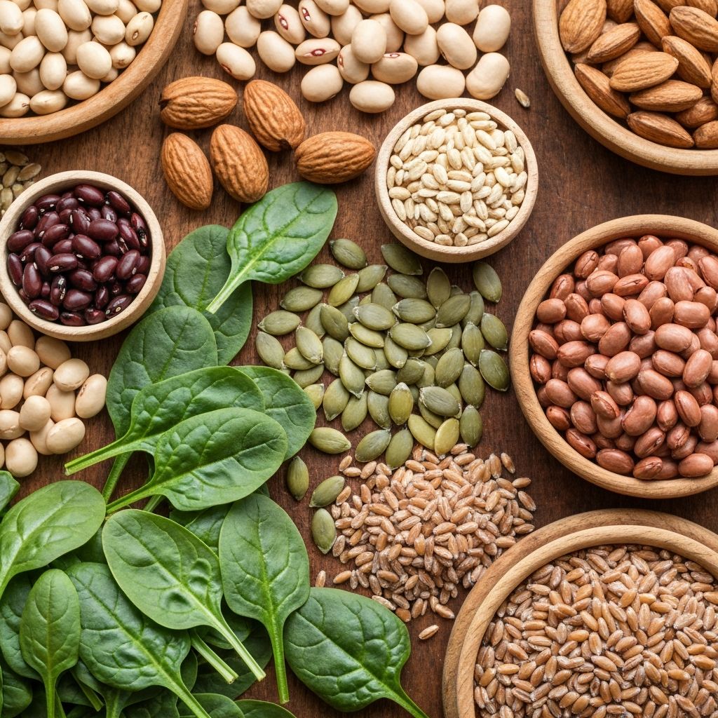 Close-up flat-lay of nutrient-rich plant foods including legumes, nuts, seeds and whole grains