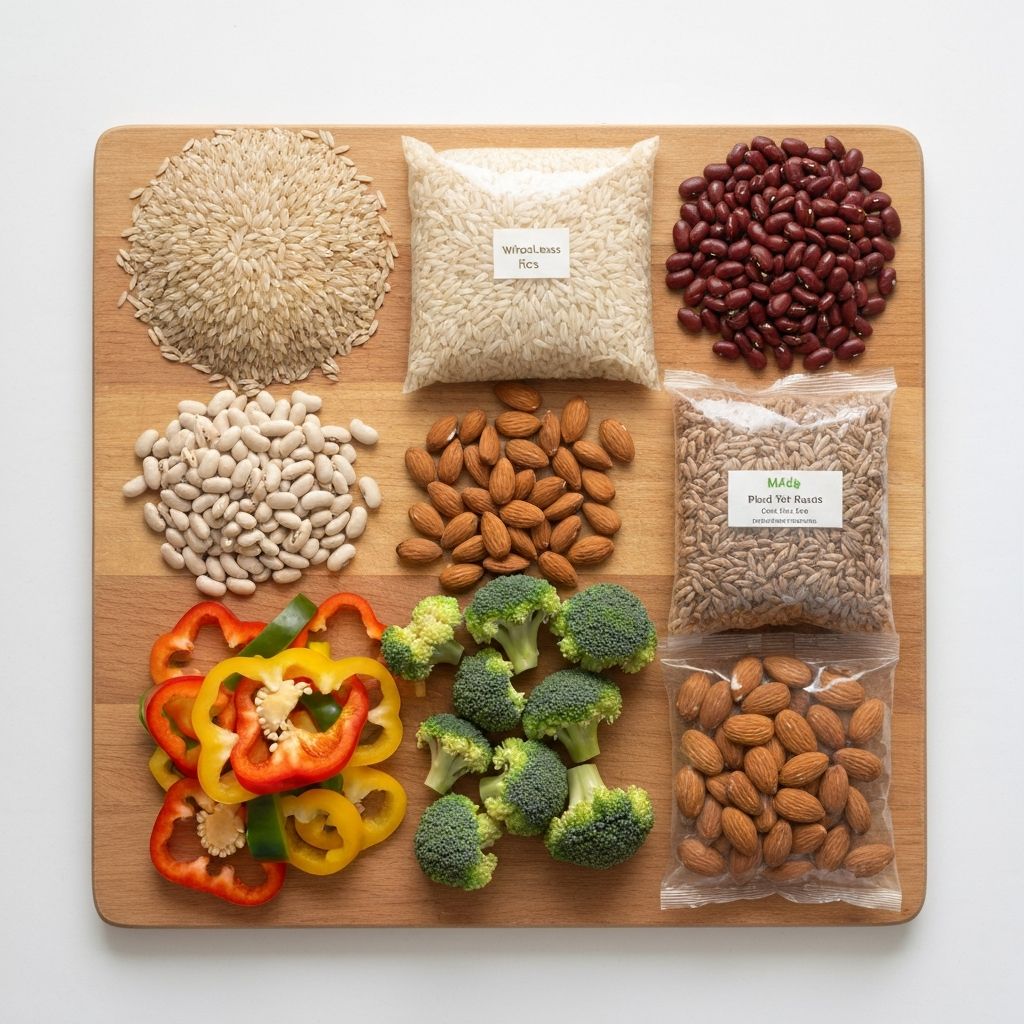 Flat-lay comparison of whole plant foods versus processed versions on wooden board