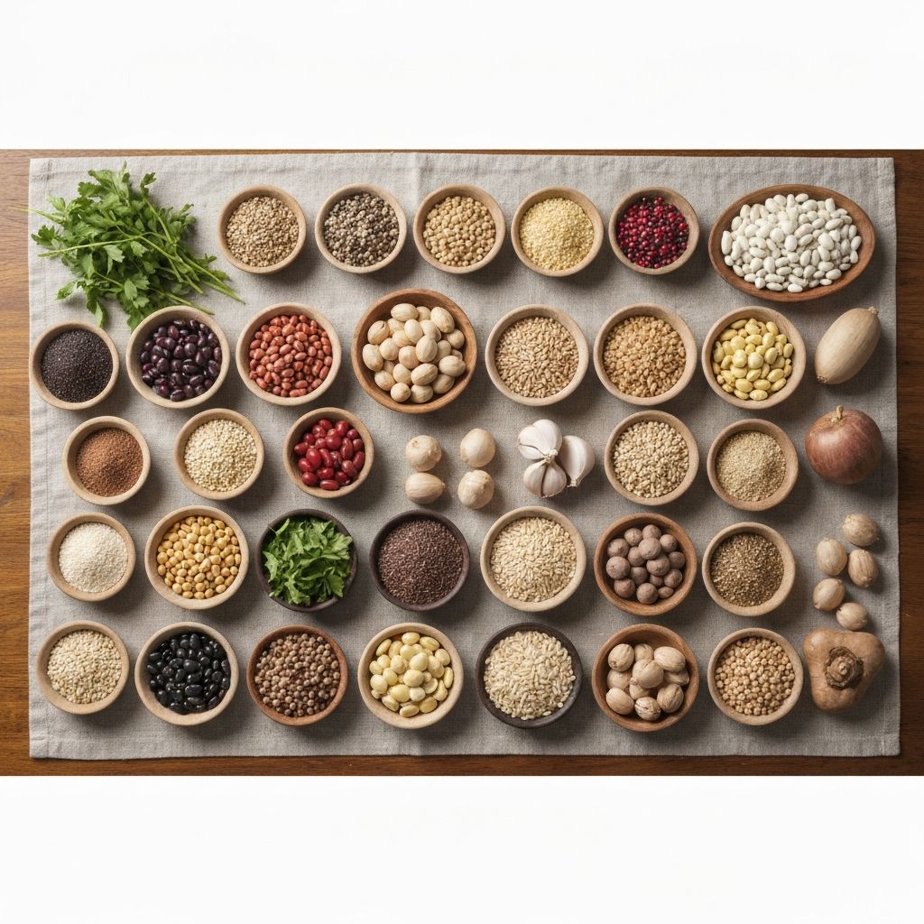 Overhead flat-lay of abundant varied whole plant foods emphasizing diversity and colour